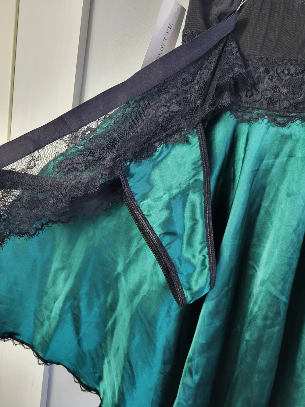 Emerald Satin & Black Lace Babydoll Chemise